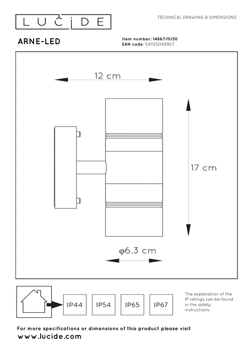 Lucide ARNE-LED - Foco de pared / Lámpara de pared Dentro/Fuera - Ø 6,3 cm - LED - GU10 - 2x5W 2700K - IP44 - Negro - técnico